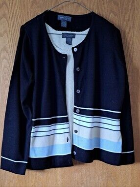 Van Heusen Black, Light Blue & Beige Striped Cardigan and Shell Knit set.